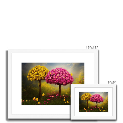 Three images of colorful pictures and flowers on a framed photograph of trees.