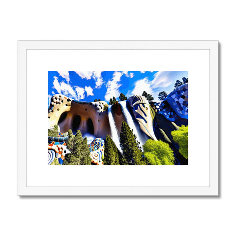 Art print on top of a mountain in colorful backdrop of rocks.