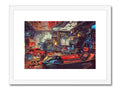 A framed picture of a spaceship sitting on top of a bed, painting and artwork on