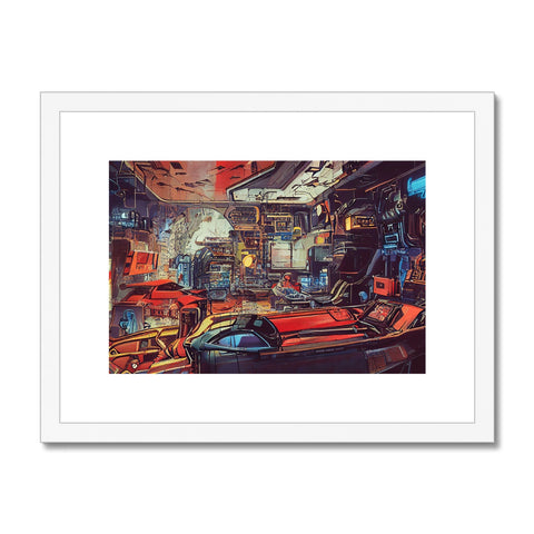 A framed picture of a spaceship sitting on top of a bed, painting and artwork on