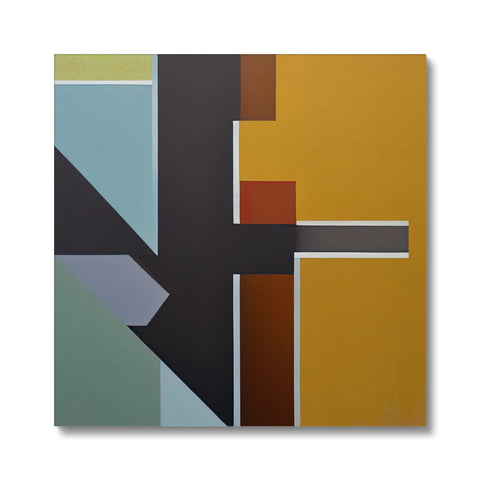 a painting on a white tile wall of an abstract geometric design
