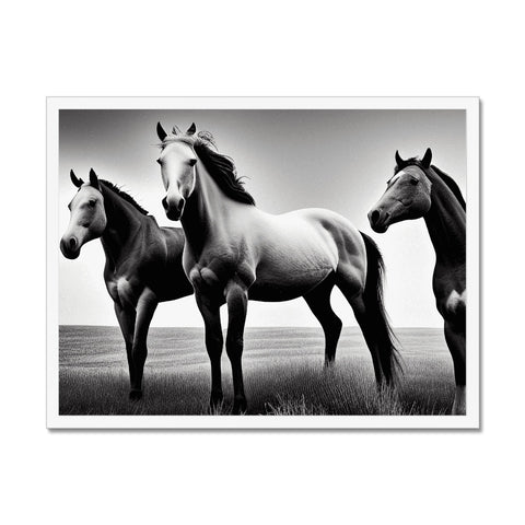 Three horse standing in a field of grass with grasses and trees around them.