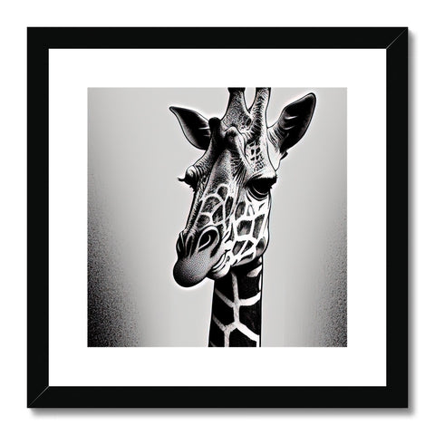 Black and white picture of a giraffe in a giratorial forest.