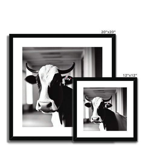 A large black and white photograph of a cow on a wall.