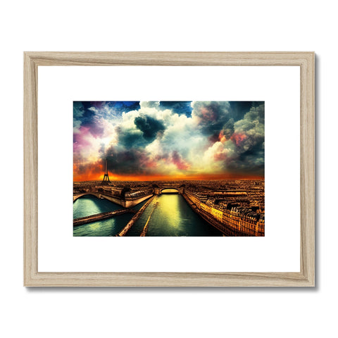 An  eifel with a picture on it with this artwork hanging in a frame