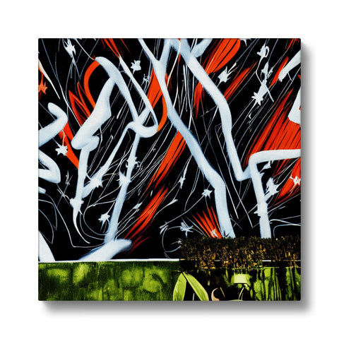 It is a painting of an abstract design on a wall with graffiti spray painted in red