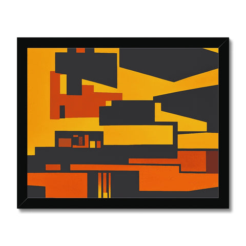 An orange and orange tile art print hangs in a fireplace mantel.