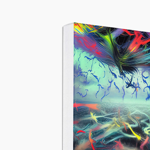 An art print with a colorful bird on a paper binder on an apple desk.