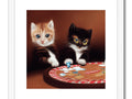 A pair of two cats playing with some poker chips on a table.