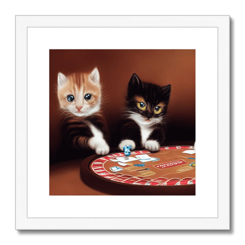 A pair of two cats playing with some poker chips on a table.