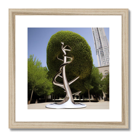 A beautiful sculpture sitting on a paved area with a green canopy of pine trees growing up