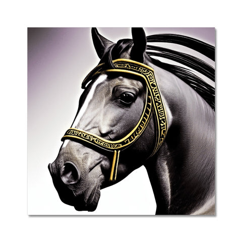 A horse that's wearing its bridle on a horse bridle next to a picture