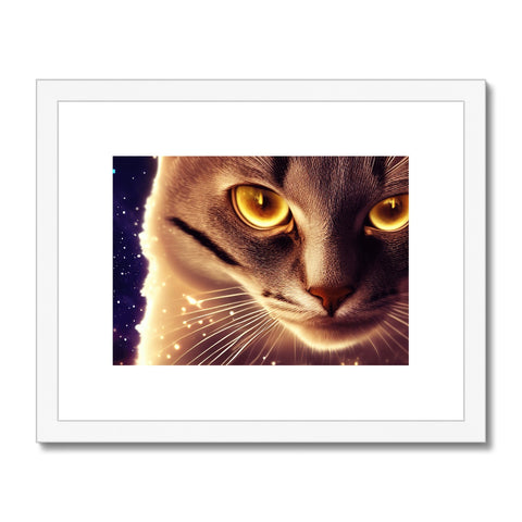 A white and gold framed cat facing a large blue photo frame.