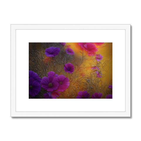 An  art print on a red paper frame with purple flowers and green tissue paper flowers