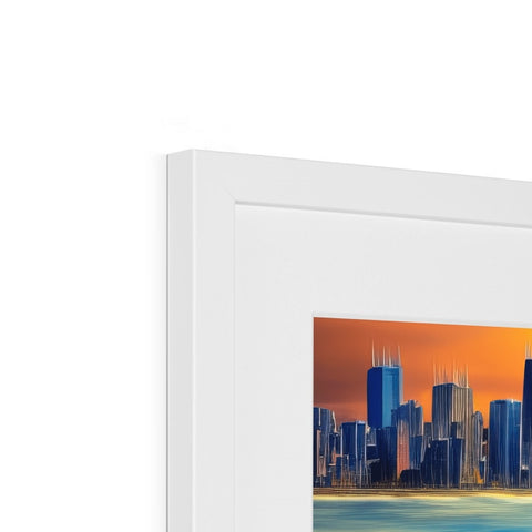 A picture frame with art and paper with a picture of a blue sunset in the background