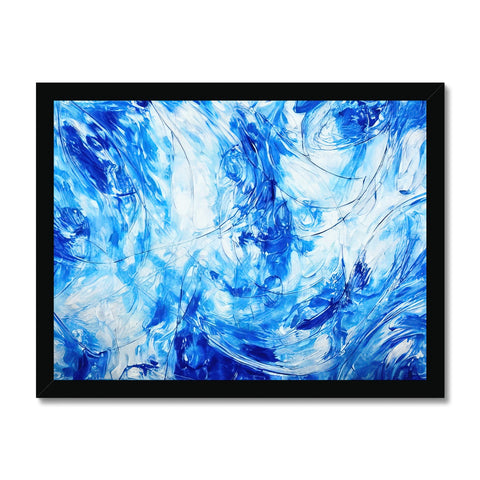 A blue water is flowing over an ocean wave with a wooden frame and some colorful prints