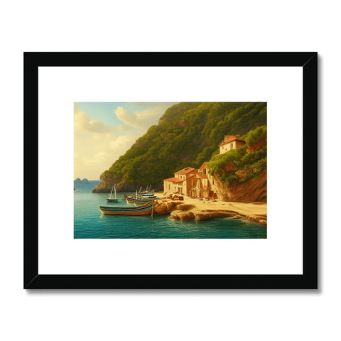 An Art print that is framed from a mountain top overlooking a small harbor,