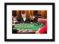 A framed picture of a cat staring at a man at a poker table