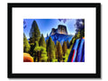 Art print of a mountainside surrounded by trees.