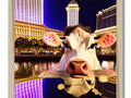 Two cow figure standing on a horse float at Las Vegas