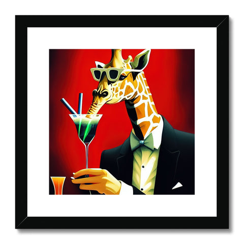 A black and white illustration of a giraffe while standing with a bottle of wine.