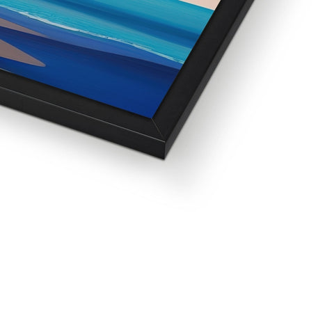 A picture frame standing in a black frame on a wooden wall has blue and green surf