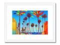 Art print of a photo of a beach with water blue background of a palm tree.