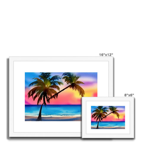 Art print on a card table showing a tropical picture of the beach with palm trees.