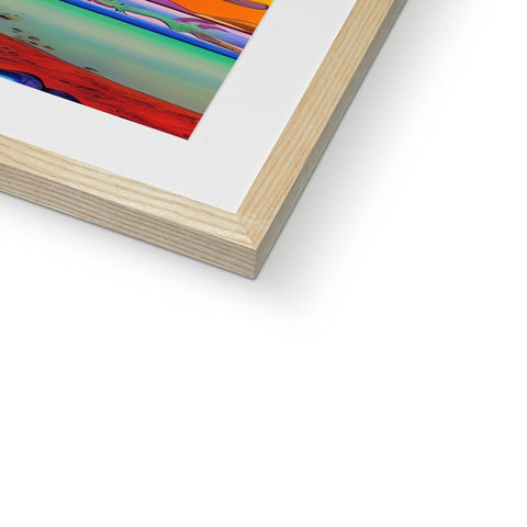 A print of an abstract picture on a wooden framed picture frame.
