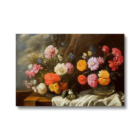 A vase with flowers and other flowers next to a painting that is hanging from a