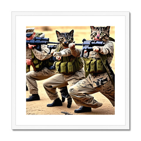 A group of cats attacking a soldier holding a gun.