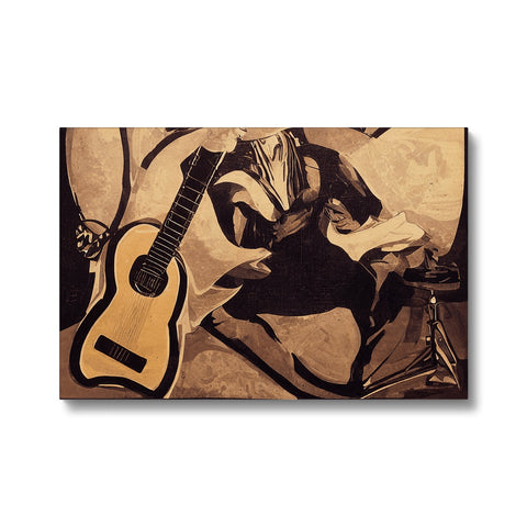 An art print of a musician playing a guitar on a piano.