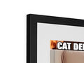A picture frame with a screen for televisions that is up next to a cat and