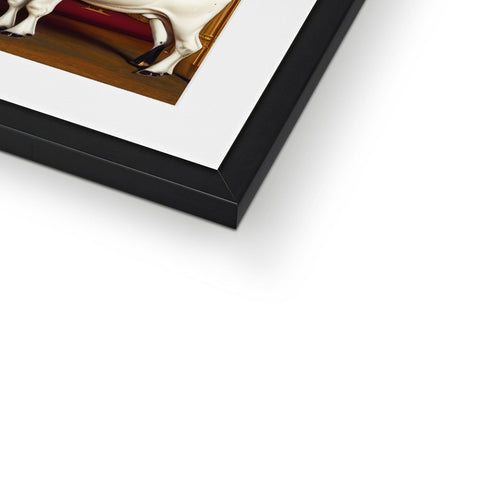 A picture frame containing a painting of a black cow on a white background and a gold
