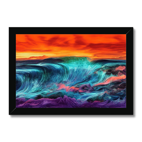 a dark ocean scene at sunset with a colorful sunset and strong waves