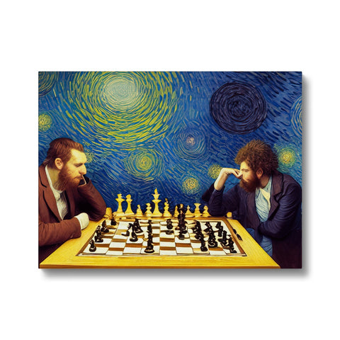 Two men are playing chess table in front of a picture.