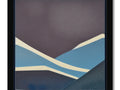 A photo of a blue stripe painting on a tile of mountains with mountains surrounding it.