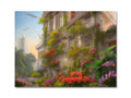 Art prints of a city skyline with tropical trees and lush green landscapes.