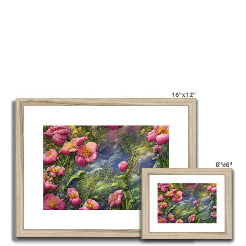 a large display of pink carnations hangs for a picture frame and some art on a