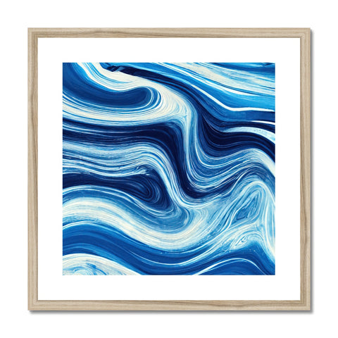 A beautiful art print of waves on a wooden frame sitting in a cove next to people