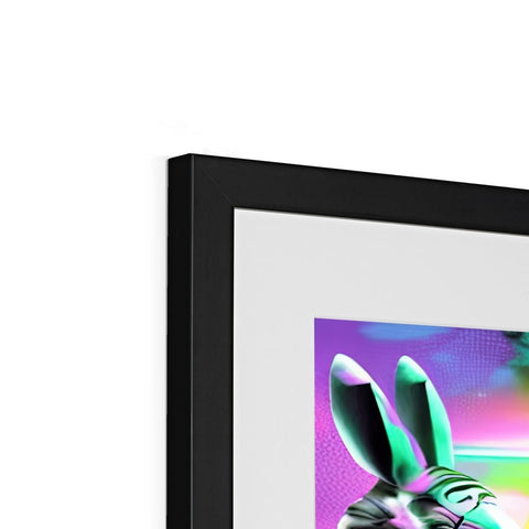 A picture of a bunny on a picture frame with a photo and a rainbow colored rabbit