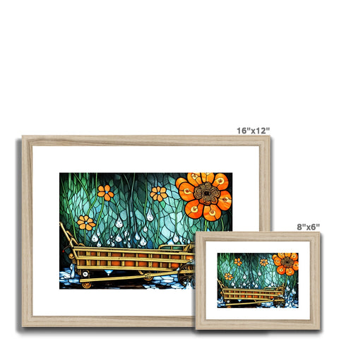 A wooden frame with an orange canoe with boats next to each image