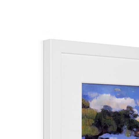 A picture frame with white painting in a frame hanging on a wall.