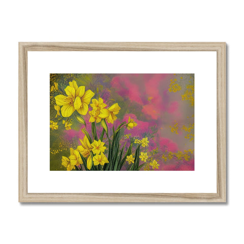 An art print of pink and yellow daffodils is on a wooden frame.