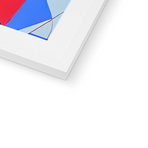 A blue art frame with a red triangle on it, next to a red and blue
