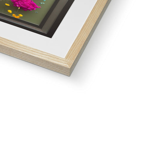 A picture frame with a painting of a painting and flower growing in a wood carving.