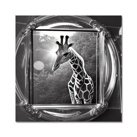a giraffe looks up to the ceiling from a picture frame