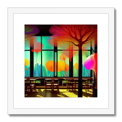 A wooden art print with multiple colorful brushes on a tree top.