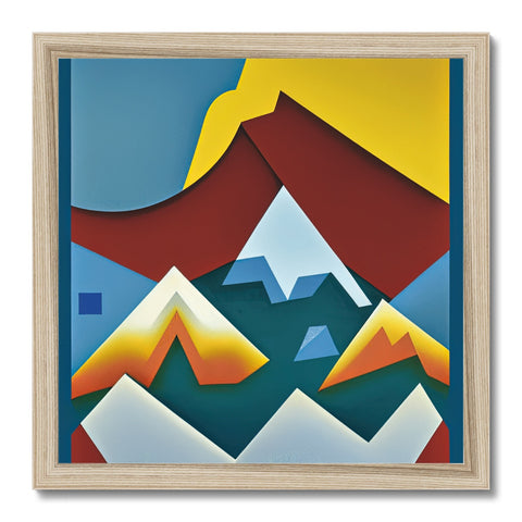 An art print sitting on top of a mountain peak with mountains surrounding it.