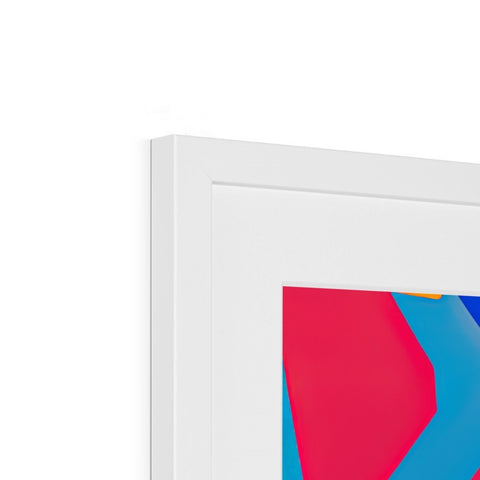 A white picture frame containing an abstract painting on a white wall.